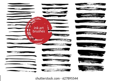 Set vector grungy ink art brushes  Ink textures different shapes  Easy edit color   apply to any path 