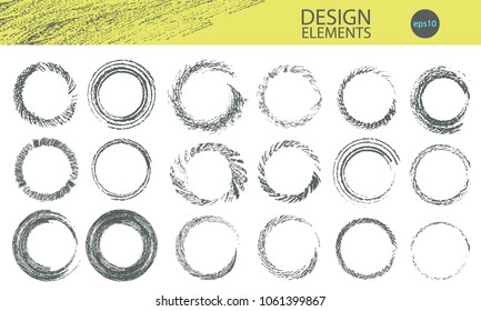 Set of vector grungy pencil design elements. Graphite pencil textured round frames. For hand ceaft style backgrouund.