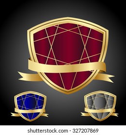 set of vector guaranteed shield/award red,blue,gray color gold border icon.