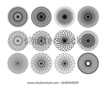 Set of vector guilloche rosettes. Rosettes pattern for certificate, diploma, voucher.
