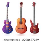 Set of vector guitars. Acoustic guitar, bass guitar, electric guitar. Vector illustration. Cartoon style.