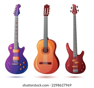 Set of vector guitars. Acoustic guitar, bass guitar, electric guitar. Vector illustration. Cartoon style.