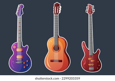 Set of vector guitars. Acoustic guitar, bass guitar, electric guitar. Stickers. Vector illustration. Cartoon style.