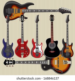 set of vector guitars on striped background