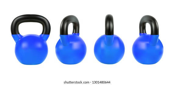 Set vector gym blue kettlebell of fitness equipment, 3d realistic isolated on white background, EPS 10