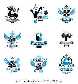 Set of vector gym and fitness theme emblems and motivational posters created with dumbbells, barbells, kettle bells sport equipment and muscular athlete body silhouettes.