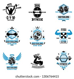 Set of vector gym and fitness theme emblems and motivational posters created with dumbbells, barbells, kettle bells sport equipment and muscular athlete body silhouettes.