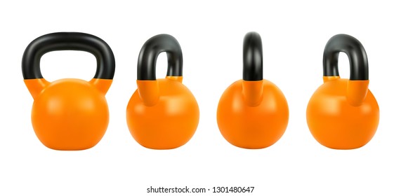 Set vector gym orange kettlebell of fitness equipment, 3d realistic isolated on white background, EPS 10