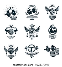 Set of vector gym theme emblems and motivational banners composed with dumbbells, barbells, kettle bells sport equipment and bodybuilder body shapes.