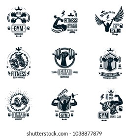 Set of vector gym theme emblems and motivational banners composed with dumbbells, barbells, kettle bells sport equipment and bodybuilder body shapes.