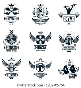 Set of vector gym theme emblems and motivational banners composed with dumbbells, barbells, kettle bells sport equipment and bodybuilder body shapes.