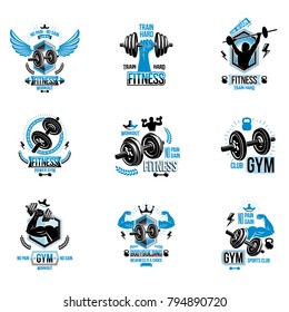 Set of vector gym theme emblems and motivational banners composed with dumbbells, barbells, kettle bells sport equipment and bodybuilder body shapes.