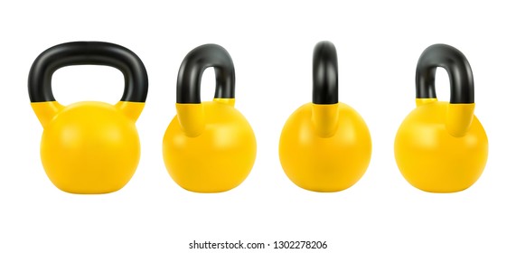 Set vector gym yellow kettlebell of fitness equipment, 3d realistic isolated on white background, EPS 10