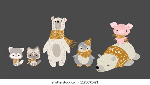 Set of vector had drawn forest animals in red christmas scarf. Bear, penguin, pig, and cats.