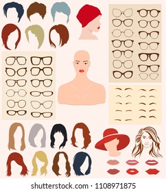 Set of vector hairstyles for women, glasses, and other accessories