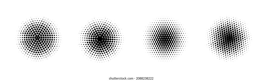 Set of vector halftone circles with dots. Pattern design elements with black and white gradient.
