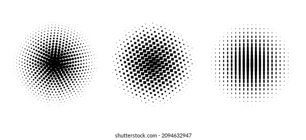 Set of vector halftone circles with dots. Pattern design elements with black and white gradient.
