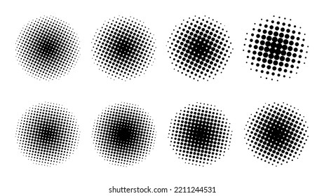 Set of vector halftone dots background circle shape. Black and white for promotional design elements, banners, comics, pop