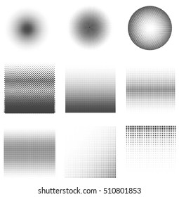 Set of Vector halftone dots Patterns. Black dots on white Background. Grunge Stamps and Brush. Halftone effect illustration.