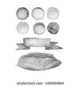 Set of vector halftone geometric dotted shapes. Stippling effect grunge design elements for labels, sticker, speech bubble and other.