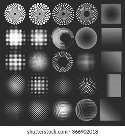 Set of vector halftones globes and patterns white isolated on dark grey background
