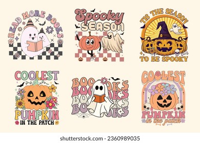 Set of vector Halloween 90's groovy, vintage retro  t-shirt design bundle. For t-shirt prints, posters, and other uses.