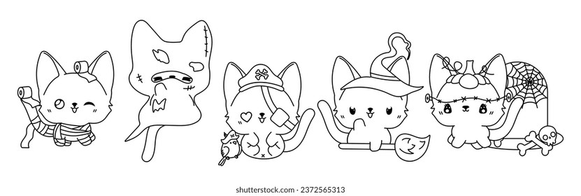 Set of Vector Halloween Animal Coloring Page. Collection of Kawaii Isolated Halloween Bengal Cat Outline. 