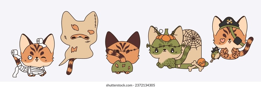 Set of Vector Halloween Animal Illustrations. Collection of Kawaii Isolated Halloween Bengal Cat Art. 