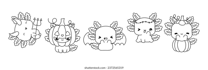 Juego de página de coloreado de vectores Halloween Axolotl. Colección de Kawaii Aislado Contorno de Perro Anfibio de Halloween. 