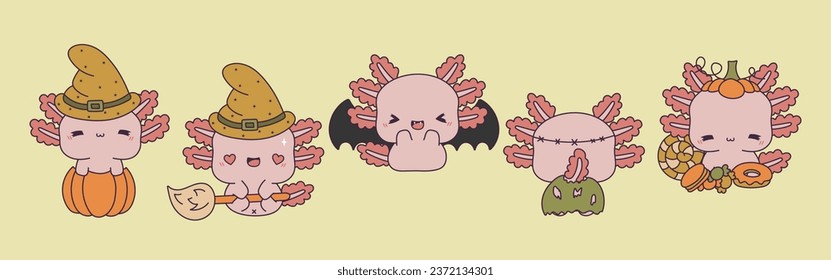 Set of Vector Halloween Axolotl Illustrations. Collection of Kawaii Isolated Halloween Amphibian Dog Art. 