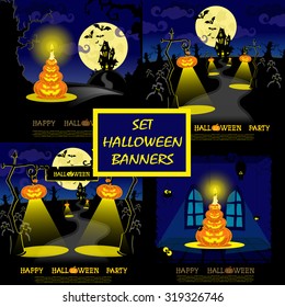 SET vector Halloween banner. Landscape with lamps from pumpkins, bats, cat and scary house for party on big moon background