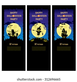 Set vector Halloween banner with pumpkins, scary trees and house on blue gradient background