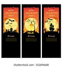 Set vector Halloween banner with pumpkins, ghosts, cat and scary house on orange gradient background