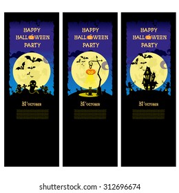 Set vector Halloween banner with pumpkins, ghosts, cat and scary house on blue gradient background