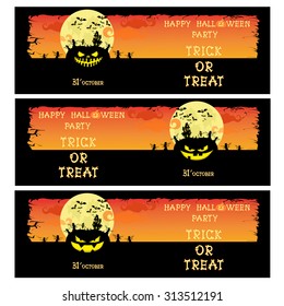 Set vector Halloween banner with pumpkins, scary trees and house on orange gradient background