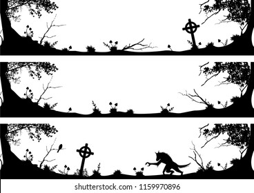 set of vector halloween banners with cross, werewolf,  mushrooms and raven in black and white 