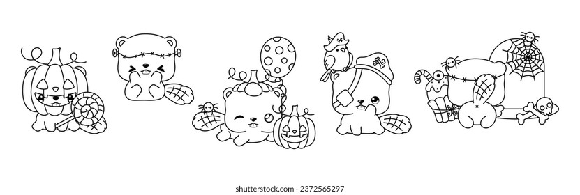 Set of Vector Halloween Beaver Coloring Page. Collection of Kawaii Isolated Halloween Forest Animal Outline. 