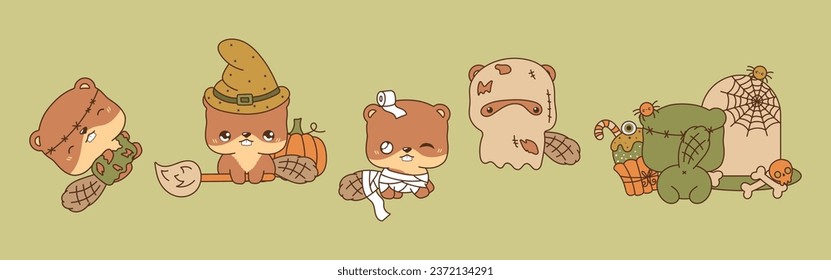 Set of Vector Halloween Beaver Illustrations. Collection of Kawaii Isolated Halloween Forest Animal Art. 