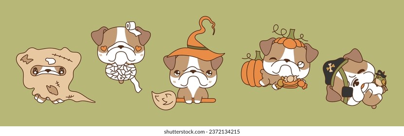 Set of Vector Halloween Bulldog Dog Illustrations. Collection of Kawaii Isolated Halloween Dog Art. 