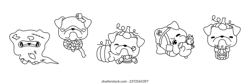 Set of Vector Halloween Bulldog Dog Coloring Page. Collection of Kawaii Isolated Halloween Dog Outline. 