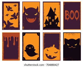 Conjunto de tarjetas vectoriales de Halloween de color naranja, negro y rojo. Afiche de la reserva de recortes. Tarjeta de plantilla vectorial para saludos, decoración, felicitación, invitación. EPS8