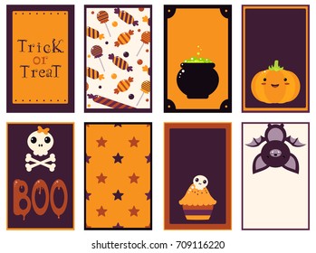 Set of vector Halloween cards of orange, black and red color. Poster for scrapbooking. Vector template card for greeting, decoration, congratulation, invitation, sticker. EPS8