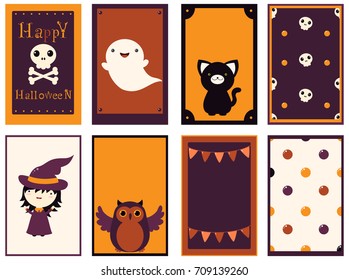 Set of vector Halloween cards of orange, black and red color. Poster for scrapbooking. Vector template card for greeting, decoration, congratulation, invitation, sticker. EPS8