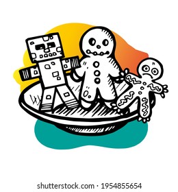 A set of vector Halloween cookies. Ginger cookies in a plate. Black and white on a white background with colored spots.