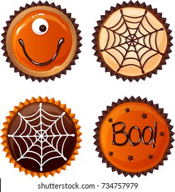 Set Of Vector Halloween Cupcakes, Spiderweb, Monster, Boo. Top View Flat Icon.