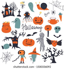 Set of vector Halloween cute cartoon characters and simbols. Magic collection, wizard attributes, creepy and spooky elements for kids holiday decorations.