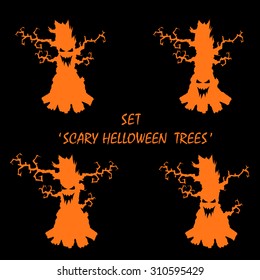 Set vector halloween design elements trees isolated on black background