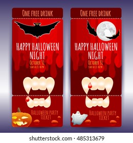 Set vector Halloween design with pumpkin, Moon, bat, drop of blood on the teeth on dark background.