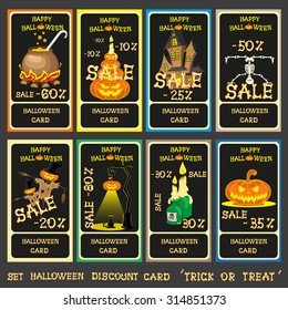 Set vector halloween discount card with pumpkins, skeleton, cat, scarecrow, candles, lamp, house and cauldron isolated on gray background