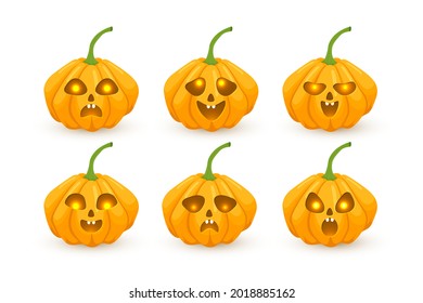 Set of Vector Halloween Emoji. Funny and Scary Pumpkins. Different facial expression. Isolated on white background. 